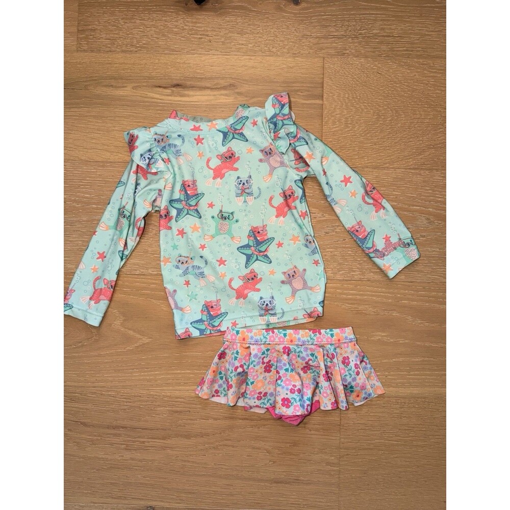 UVSkinz Swimsuit Kids Pink Blue Snorkeling Cat Rash Guard Swim Set 2t & 3t